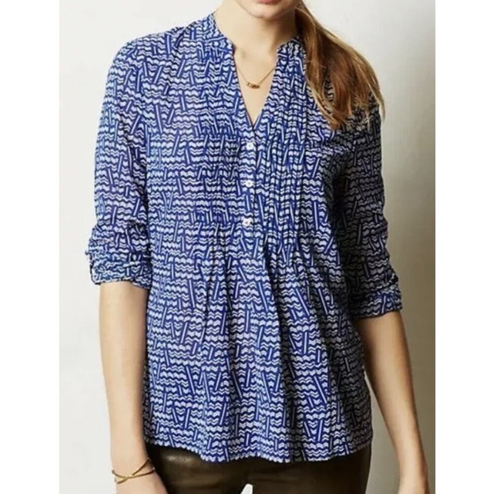 Anthropologie HD In Paris Blue Chevron Print Kaveri Long Sleeve Henley Top Sz 10